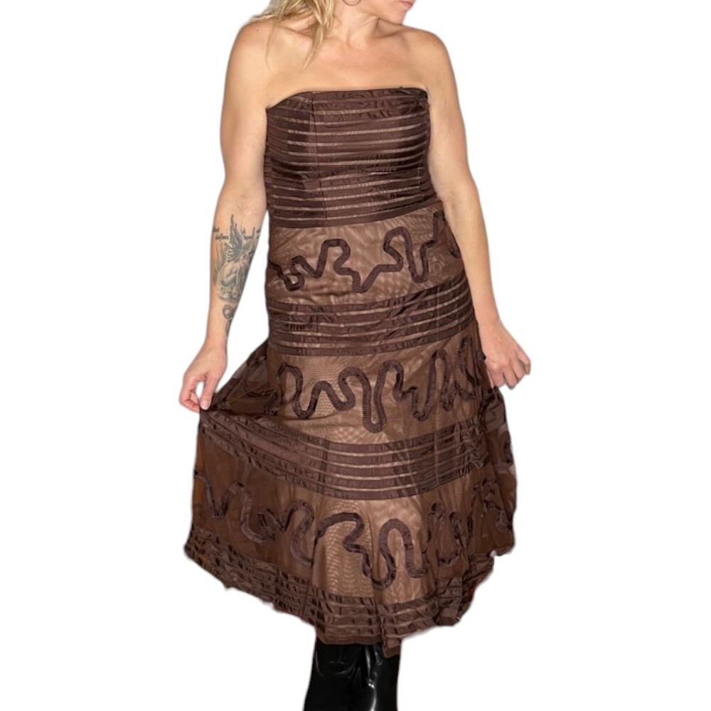BCBGMAXAZRIA Vintage Y2K Brown Strapless Tulle Midi Dress Silk Ribbon Prom Sz 8